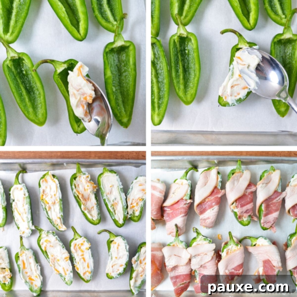 Crispy Air-Fried Jalapeño Poppers 5 A close-up shot showing cream cheese filling being spooned into halved jalapeno peppers, followed by wrapping them with bacon slices.