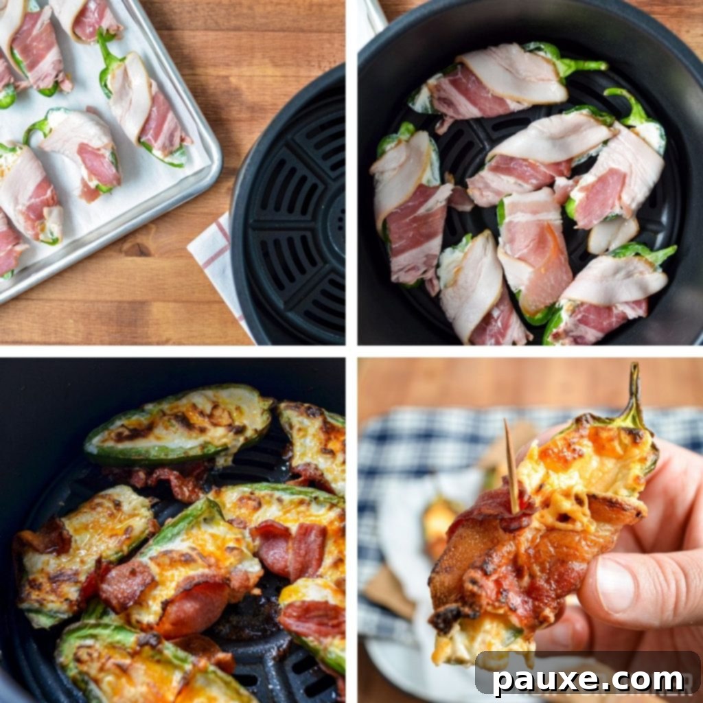 Crispy Air-Fried Jalapeño Poppers 6 A tray filled with uncooked homemade jalapeno poppers, each wrapped in bacon and secured with a toothpick, ready for the air fryer.