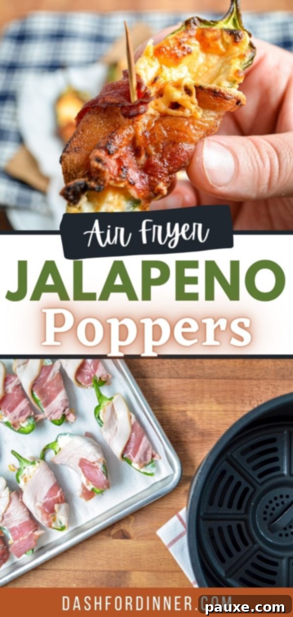 Crispy Air-Fried Jalapeño Poppers 9 A hand holding a perfectly air-fried bacon-wrapped jalapeno popper, with the air fryer basket visible in the blurred background.