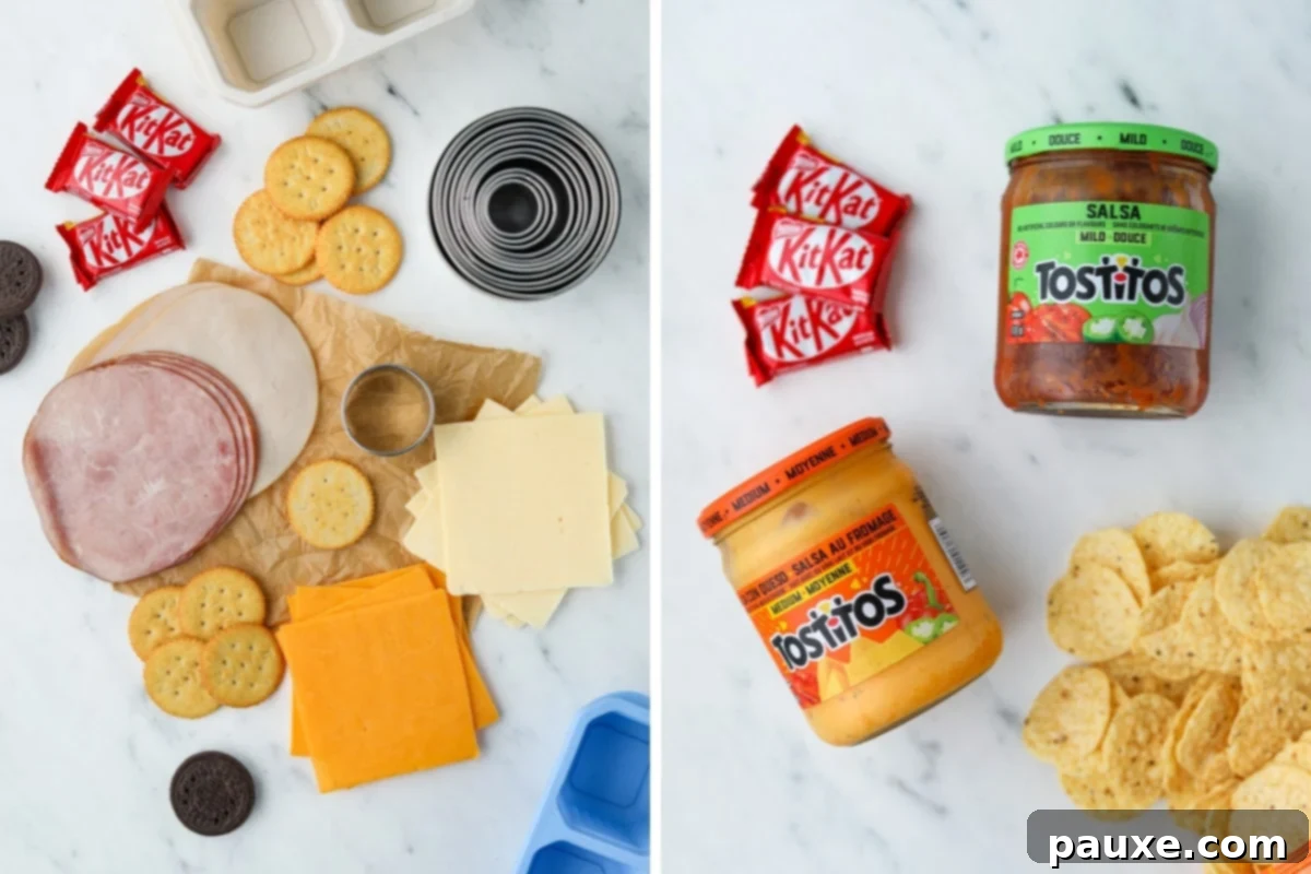 Craft-Your-Own Lunch Kits 3 A vibrant selection of ingredients for homemade lunchables, including premium deli meat, various cheeses, crunchy tortilla chips, creamy queso, and zesty salsa, all ready for assembly.