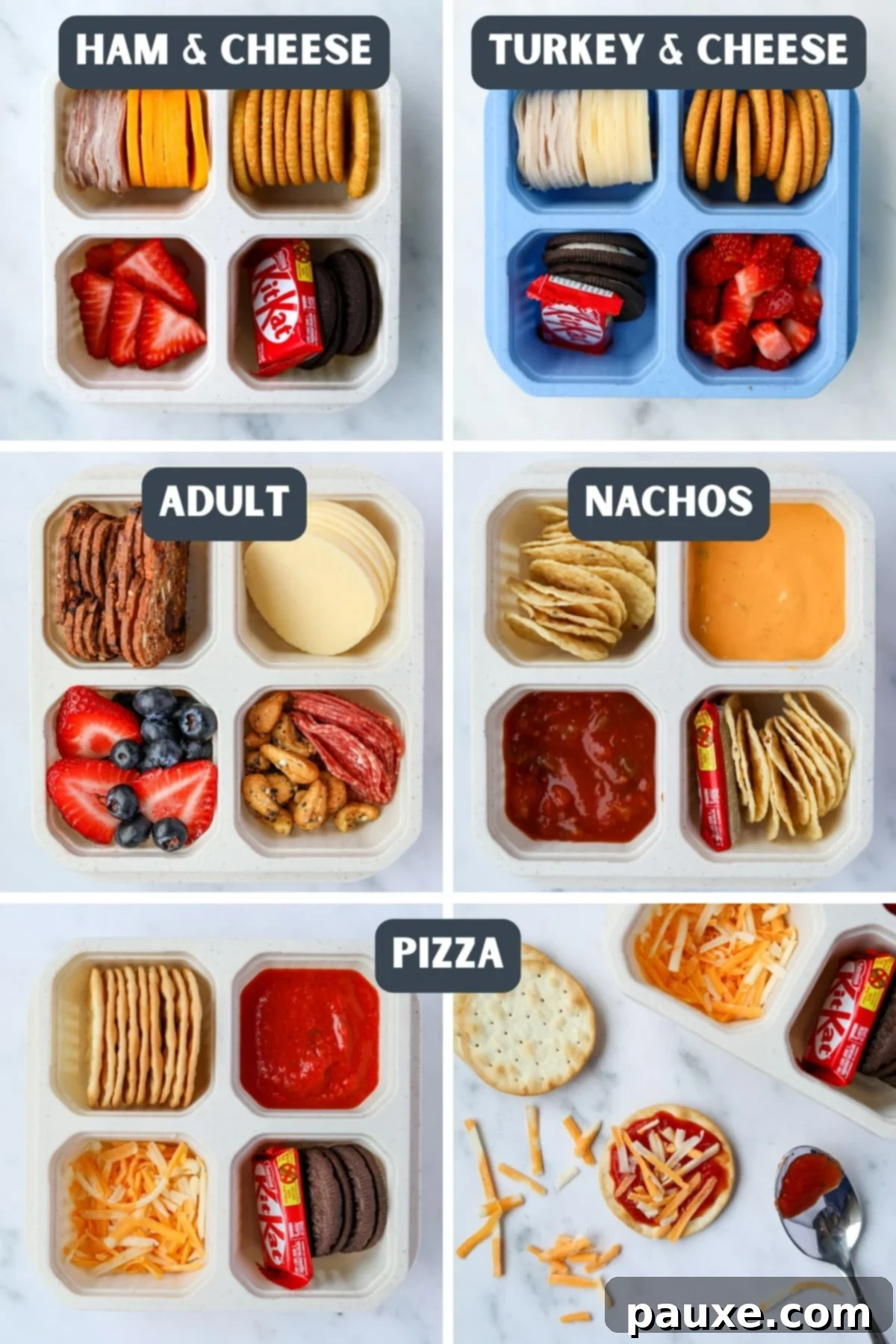 Craft-Your-Own Lunch Kits 7 A diverse array of lunch box ideas, showcasing various homemade lunchable types including classic cheese and crackers, miniature pizzas, and savory nachos, offering something for every taste.