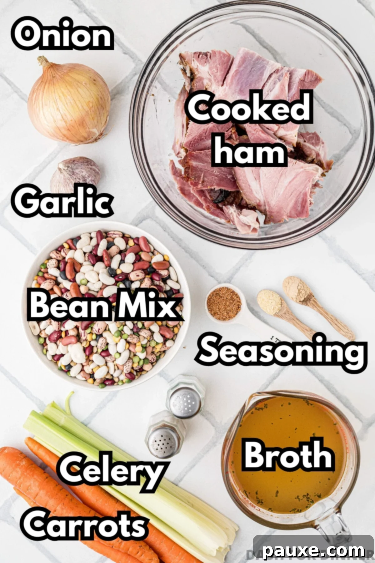 Hearty Fifteen-Bean Soup 3 The ingredients needed to make ham and bean soup, including leftover ham, broth, aromatic vegetables, and various seasonings.