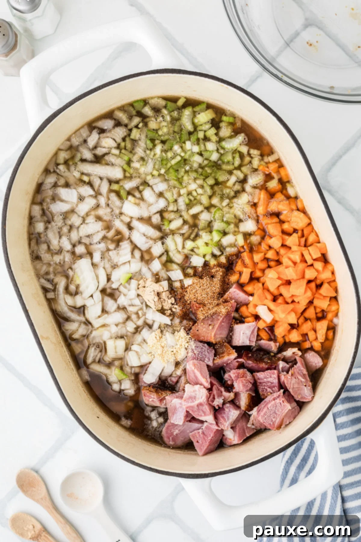 Hearty Fifteen-Bean Soup 5 Chopped vegetables and ham simmering in the bean broth.