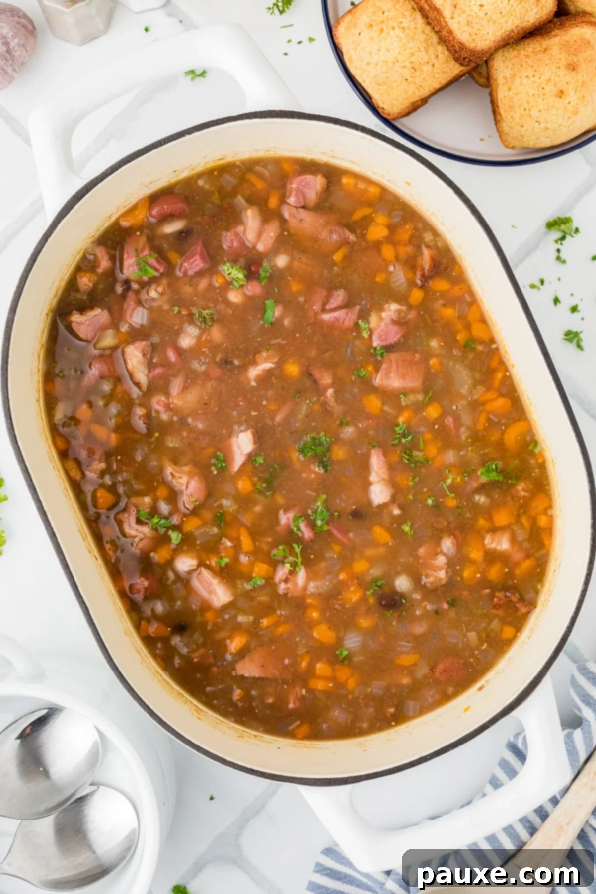 Hearty Fifteen-Bean Soup 6 A large pot of perfectly cooked ham and bean soup, ready to be served.