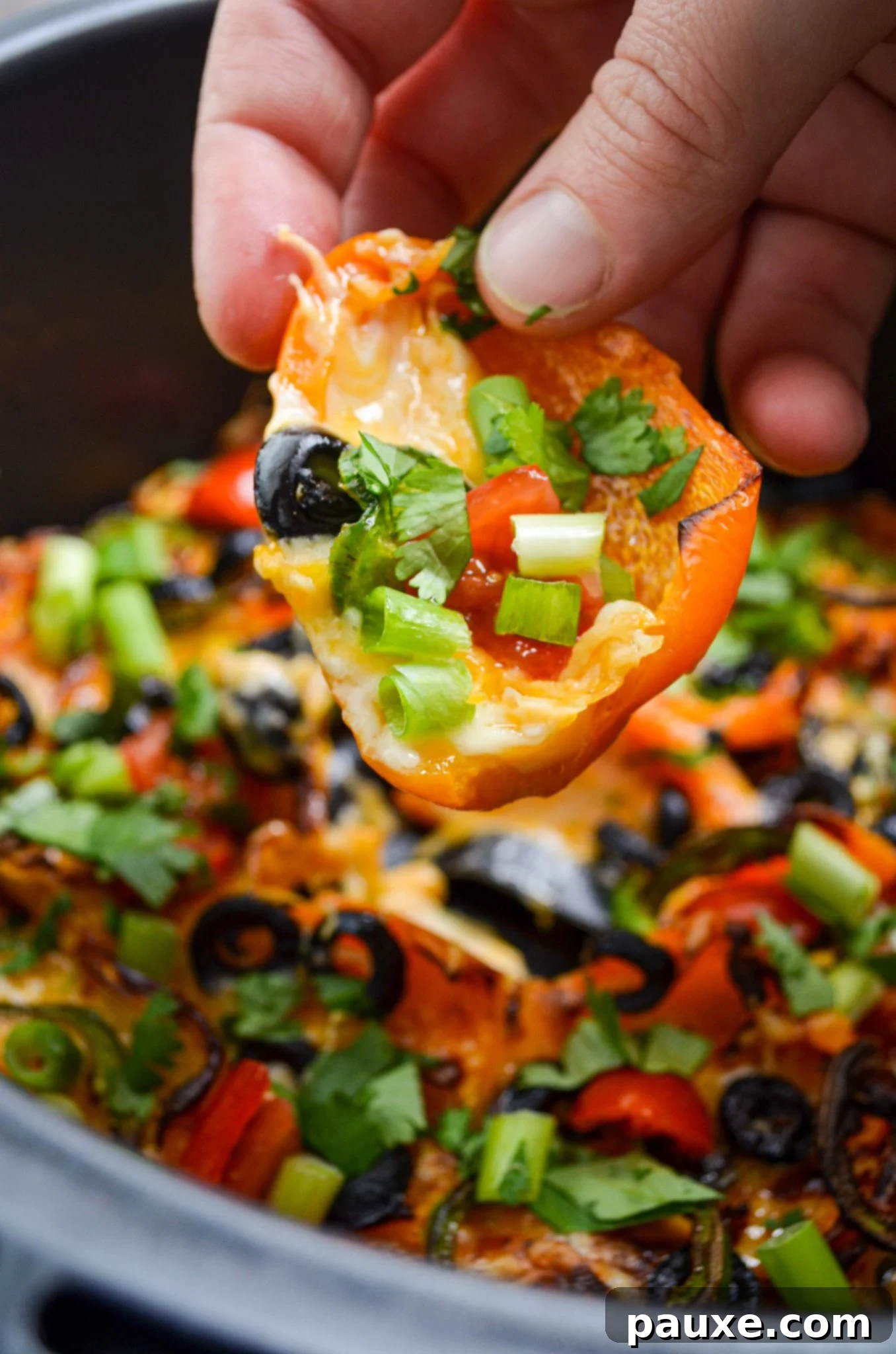Loaded Air Fryer Mini Bell Pepper Nachos 2 A vibrant pile of Air Fryer Mini Pepper Nachos, showcasing melted cheese and fresh toppings.