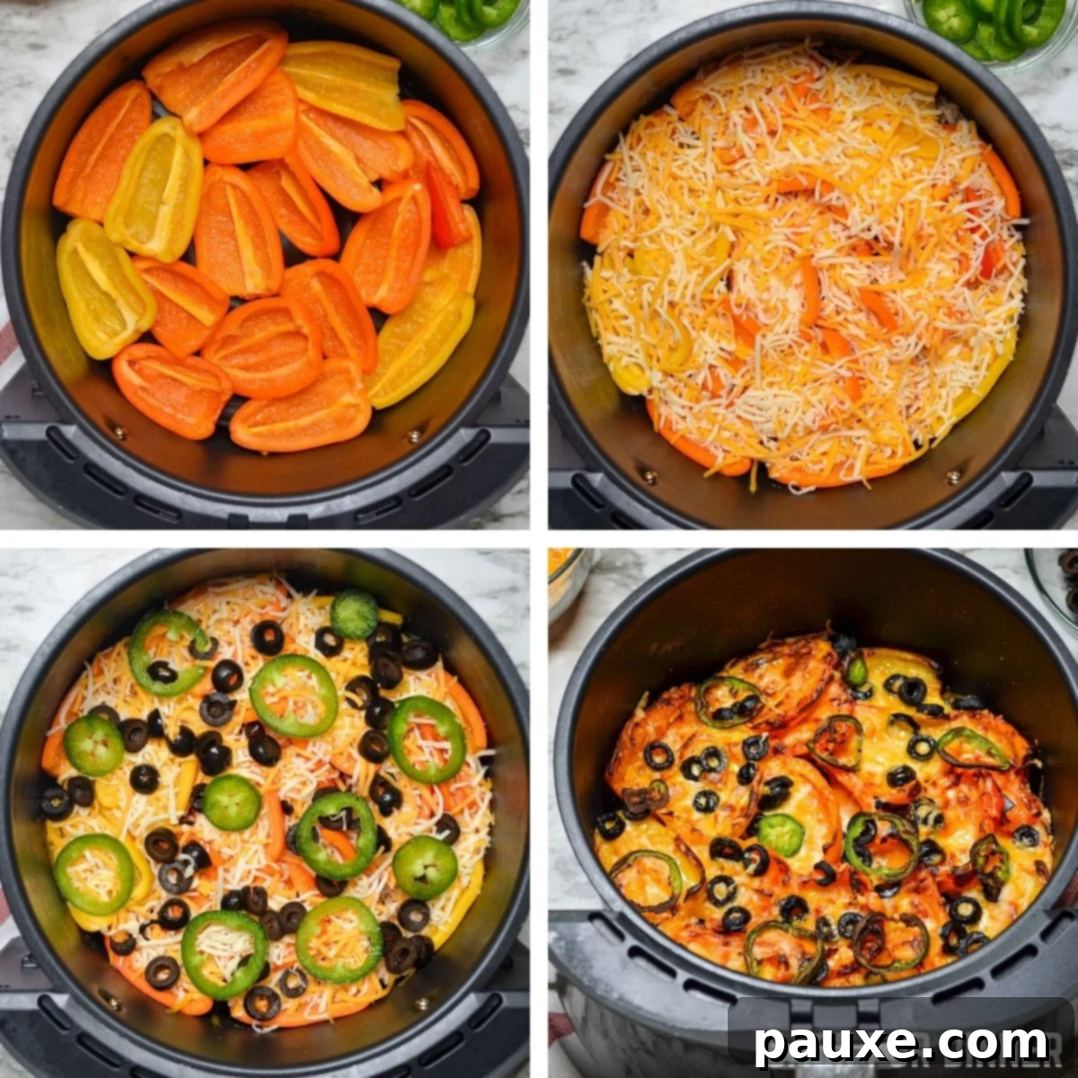 Loaded Air Fryer Mini Bell Pepper Nachos 5 Air fryer basket filled with mini pepper halves, ready for toppings.
