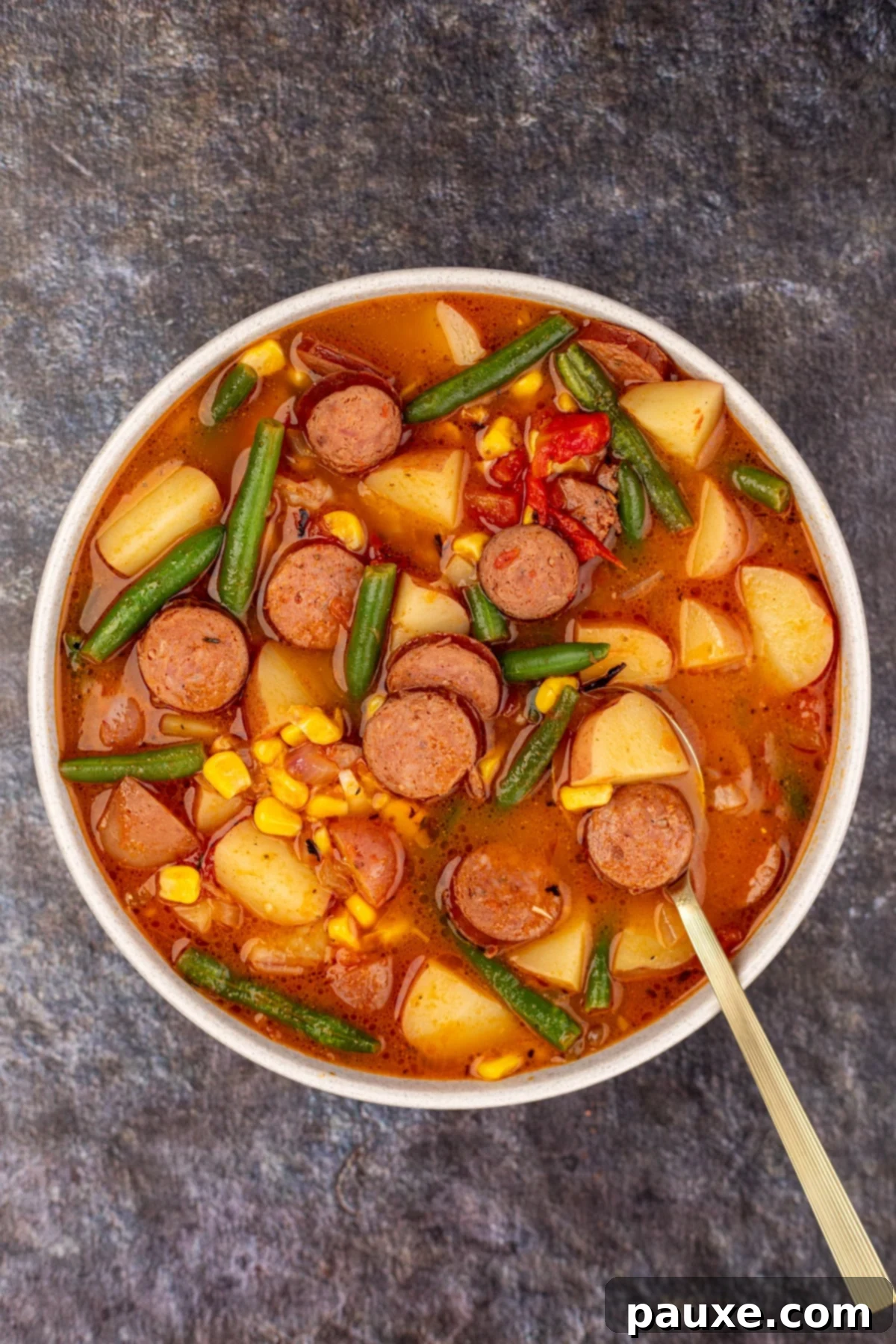 Mossy Potage 2 A steaming bowl of hearty Swamp Soup, brimming with tender potatoes, flavorful smoked sausage, vibrant green beans, and sweet corn. The rich, savory broth promises warmth and comfort.