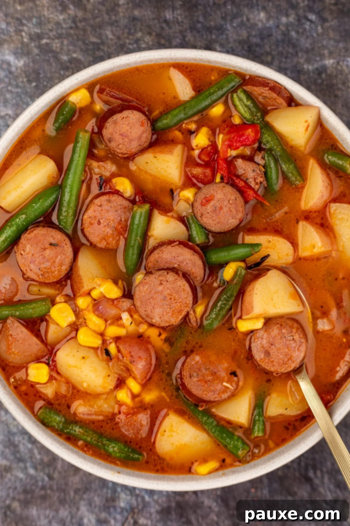 Mossy Potage 11 A rustic bowl filled with generous portions of hearty Swamp Stew, showcasing the sliced sausage, tender potatoes, and colorful green beans and corn in a rich, spicy broth.