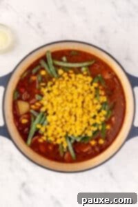 Mossy Potage 16 Adding frozen green beans and corn to a Dutch oven full of soup.