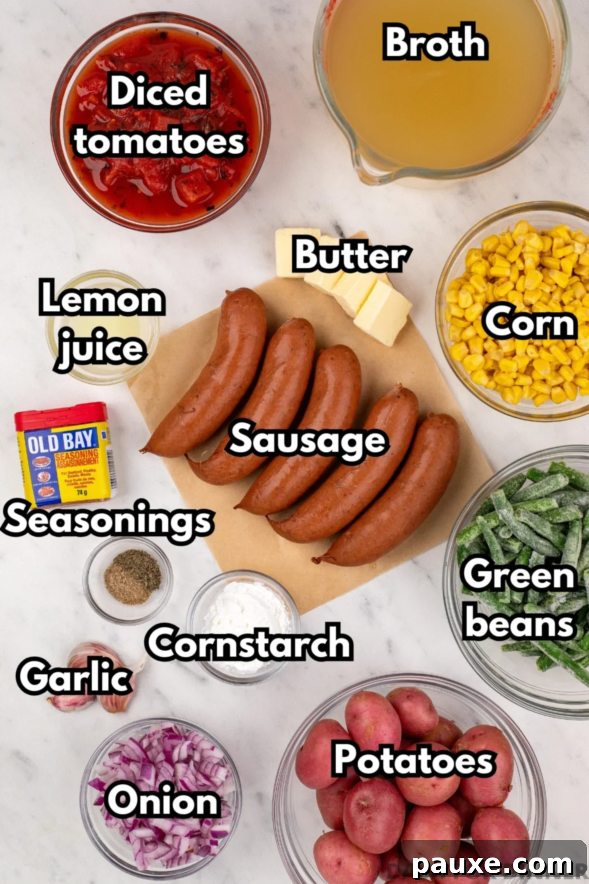 Mossy Potage 3 The essential ingredients laid out for making Swamp Soup: sliced smoked sausage, rich chicken broth, firm baby potatoes, and a can of diced tomatoes, alongside fresh herbs and spices.