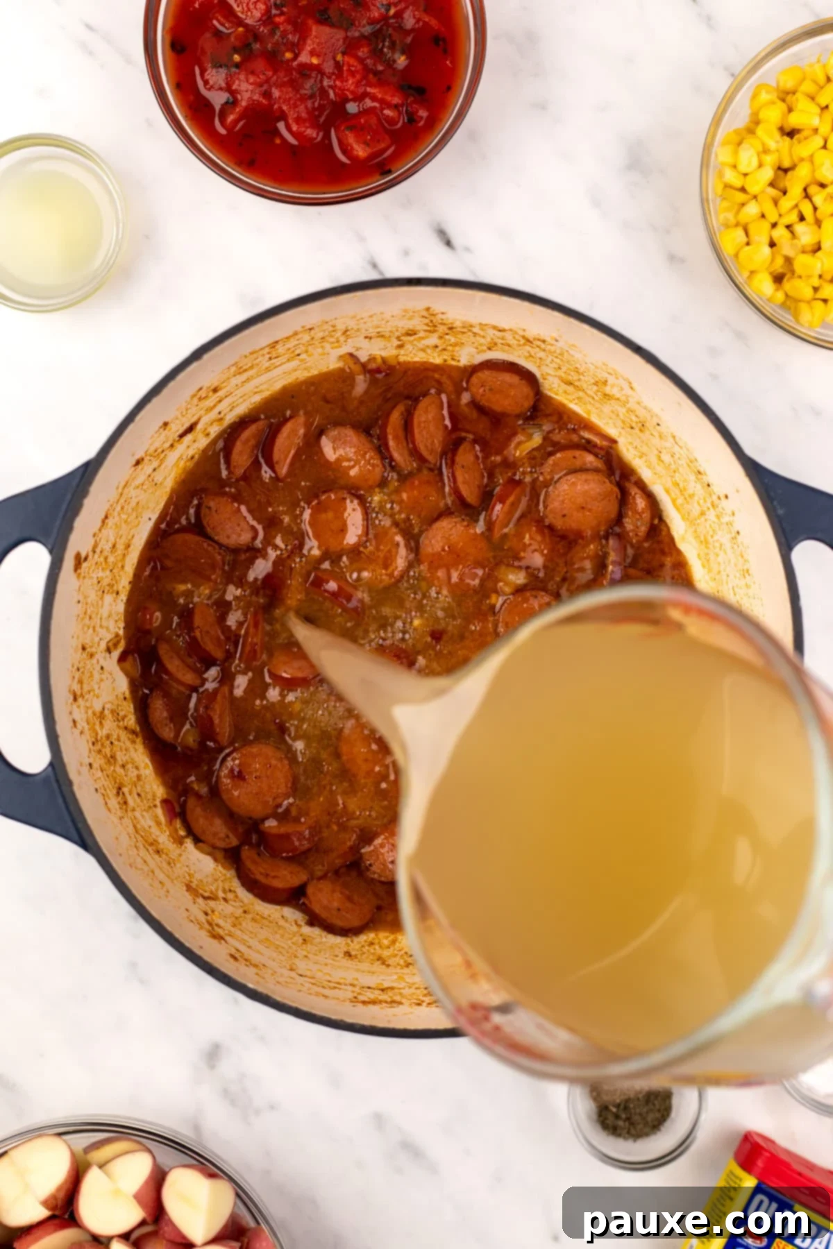 Mossy Potage 5 A stream of rich chicken broth being poured into a Dutch oven filled with sautéed sausage and vegetables.