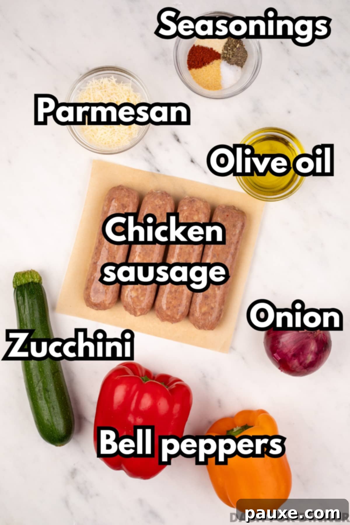 Air-Fried Chicken Sausage & Roasted Veggies 3 All the fresh ingredients laid out, ready to make a delicious air fryer meal with chicken sausage and vegetables.