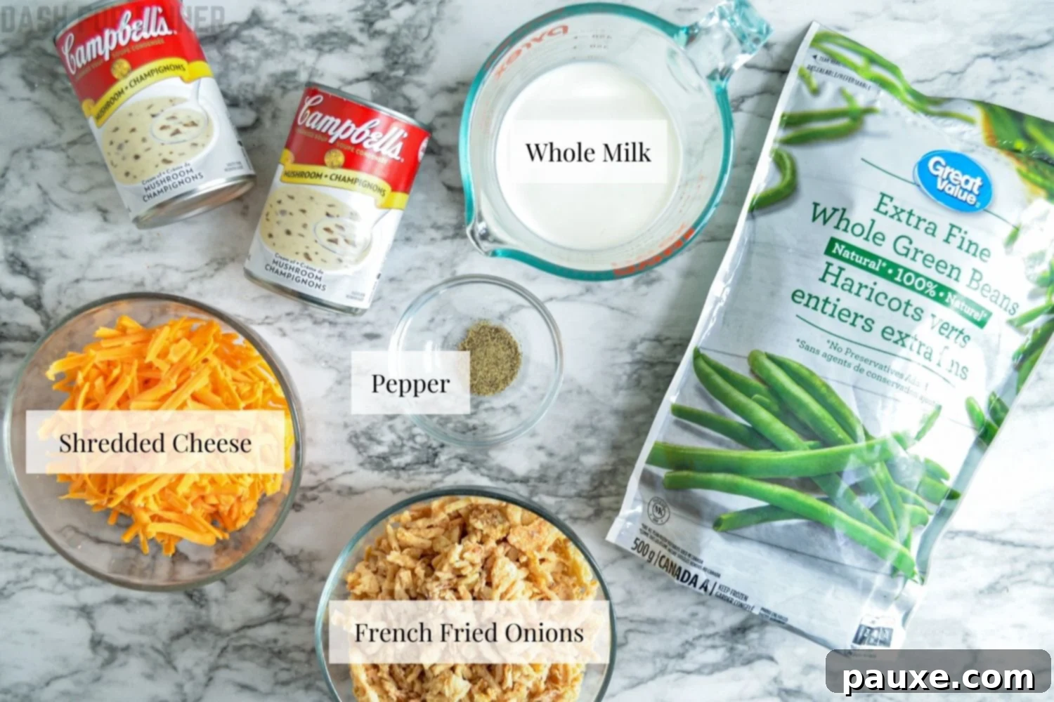 Crockpot Green Bean Comfort 4 The ingredients needed to make green bean casserole in a slow cooker.