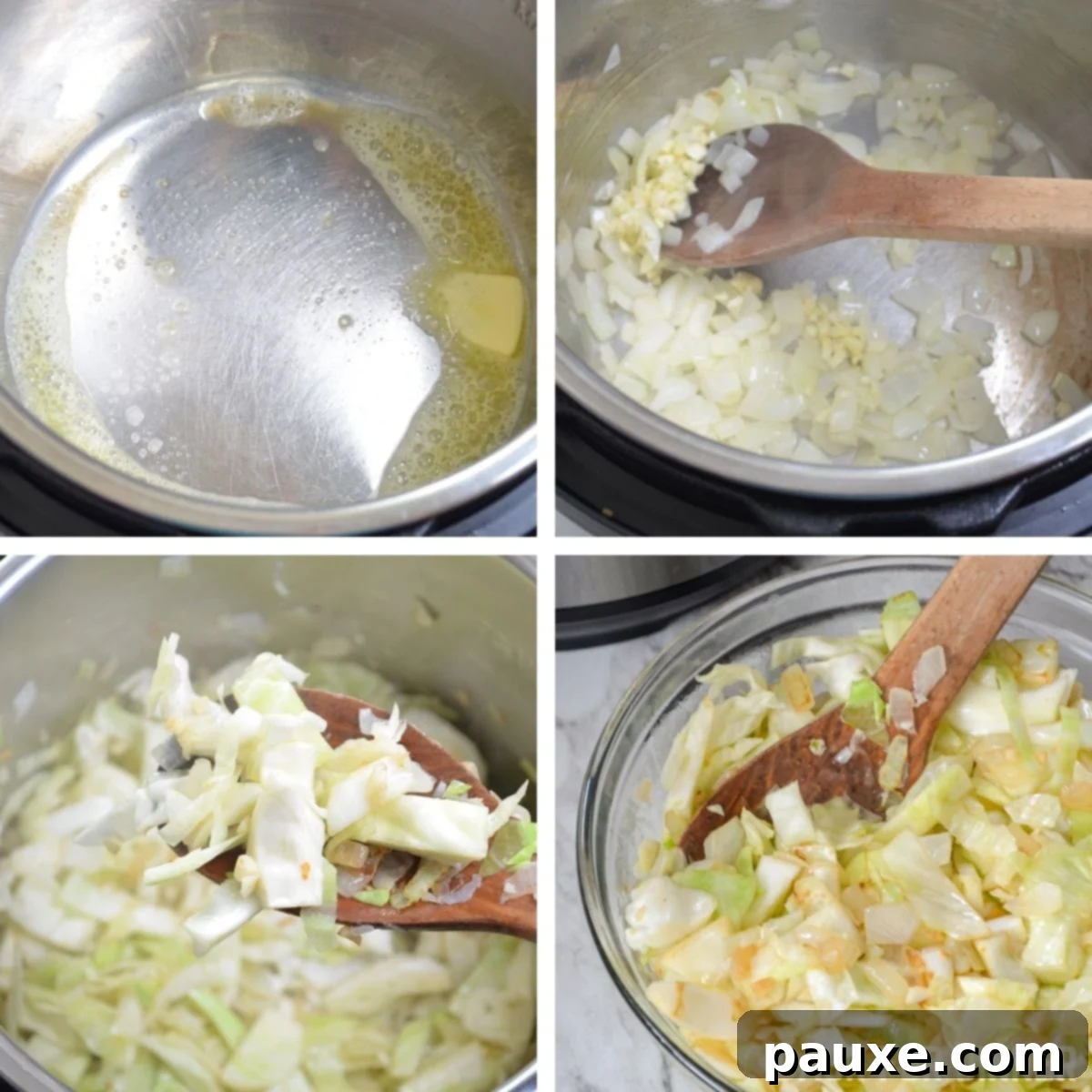 Instant Pot Lazy Cabbage Roll Dinner 4 Melting butter in the Instant Pot and adding onion and cabbage to soften.