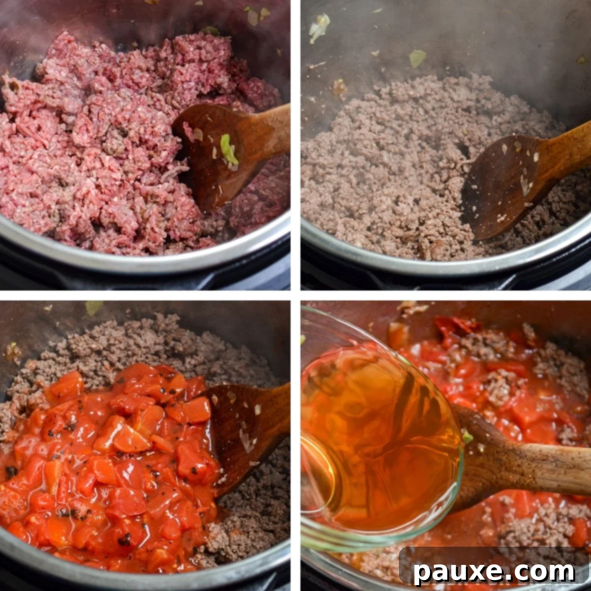 Instant Pot Lazy Cabbage Roll Dinner 5 Browning ground beef in the Instant pot and adding tomatoes and broth.