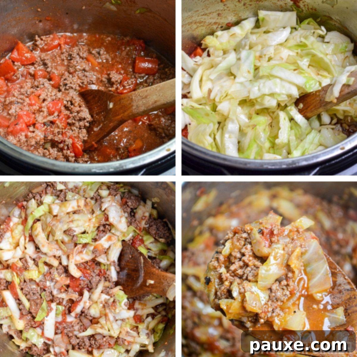 Instant Pot Lazy Cabbage Roll Dinner 6 Adding cabbage into an Instant Pot filled with tomatoes and ground beef.