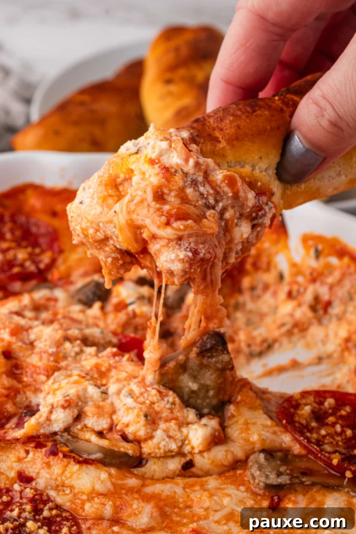 Baked Pepperoni Pizza Dip 11 A hand dipping a golden breadstick into a rich, creamy pizza dip, showcasing the inviting texture.