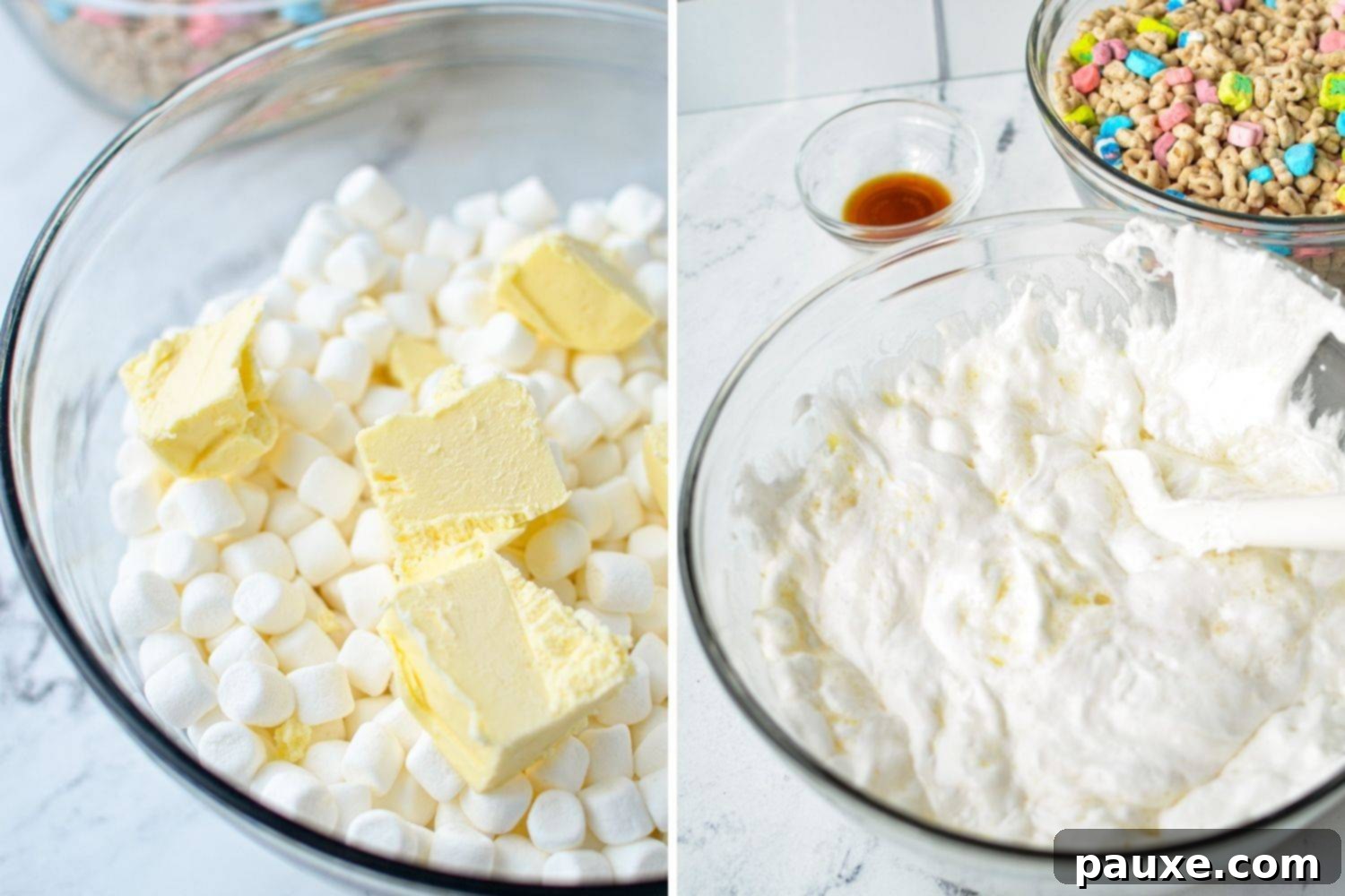 Magical Marshmallow Bites 4 A large glass bowl with mini marshmallows topped with cubes of butter, and a second image showing the same mixture melted and smooth.