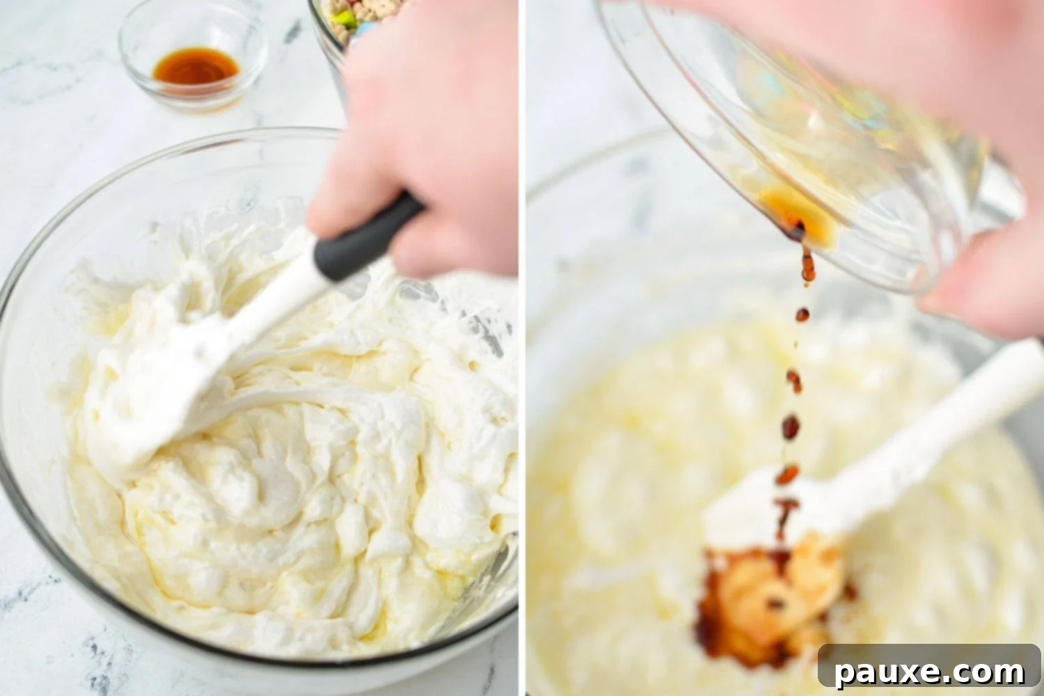 Magical Marshmallow Bites 5 Close-up of melted marshmallow and butter mixture being stirred, then vanilla extract being poured in.
