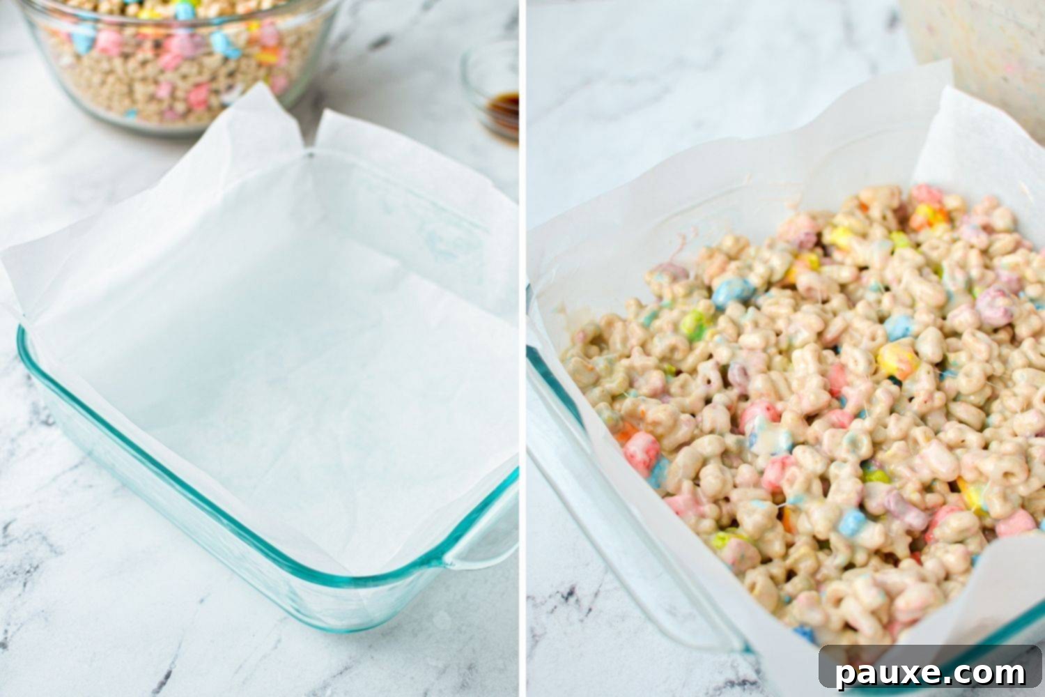Magical Marshmallow Bites 7 A baking dish lined with parchment paper, ready to receive the Lucky Charms mixture.