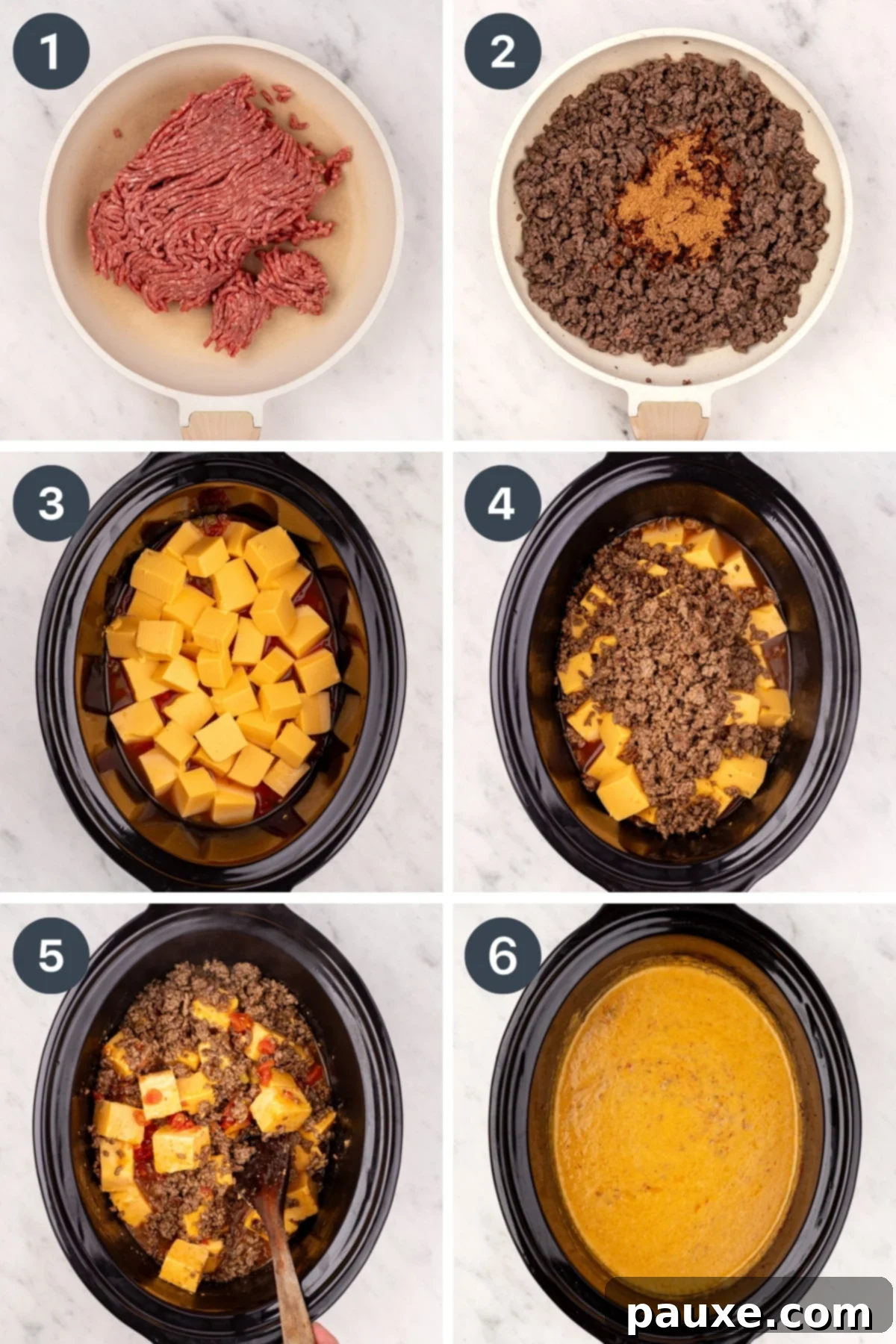 Adding perfectly browned ground beef to a slow cooker, alongside cubed American cheese and two cans of Rotel tomatoes and green chilies.