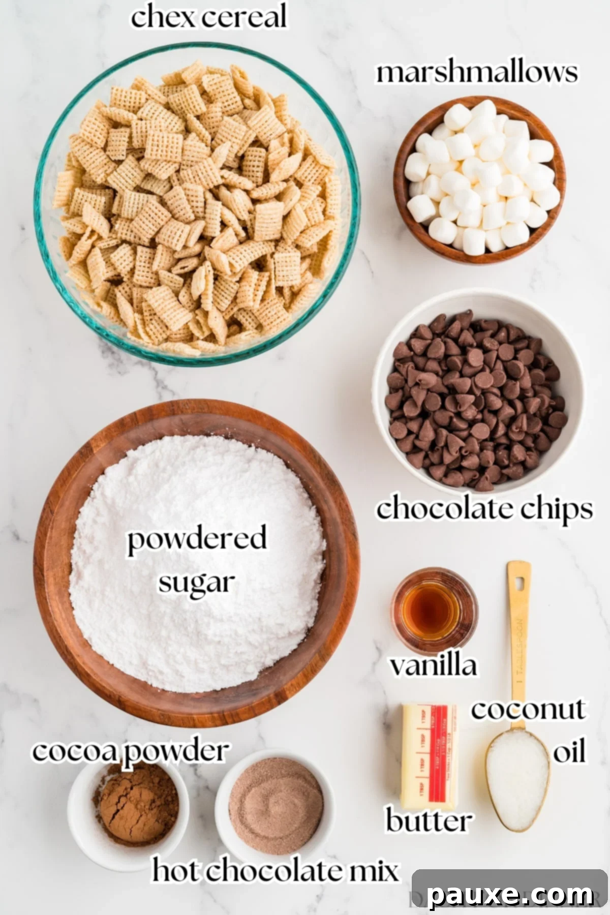 The ingredients needed in order to make muddy buddies, including chex, chocolate chips, and powdered sugar.