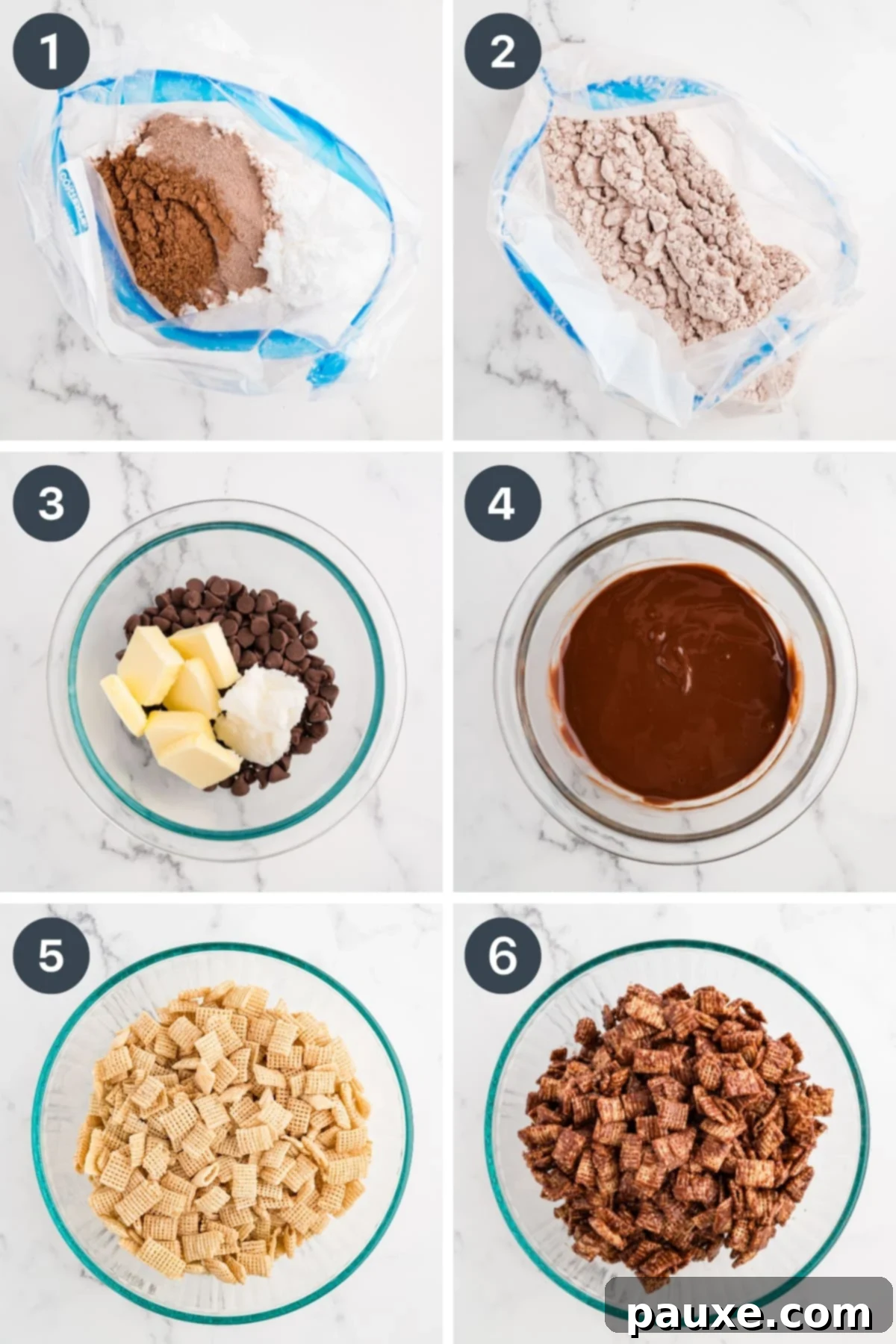 Making Chex muddy buddies by coating cereal in chocolate, then in a powdered sugar mixture.