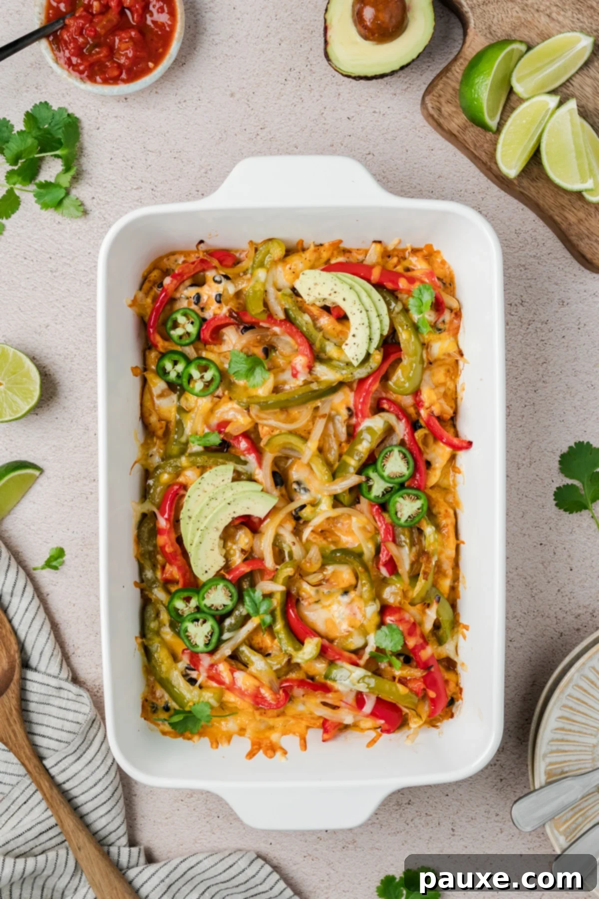 Baked Chicken Fajita Casserole garnished with avocado