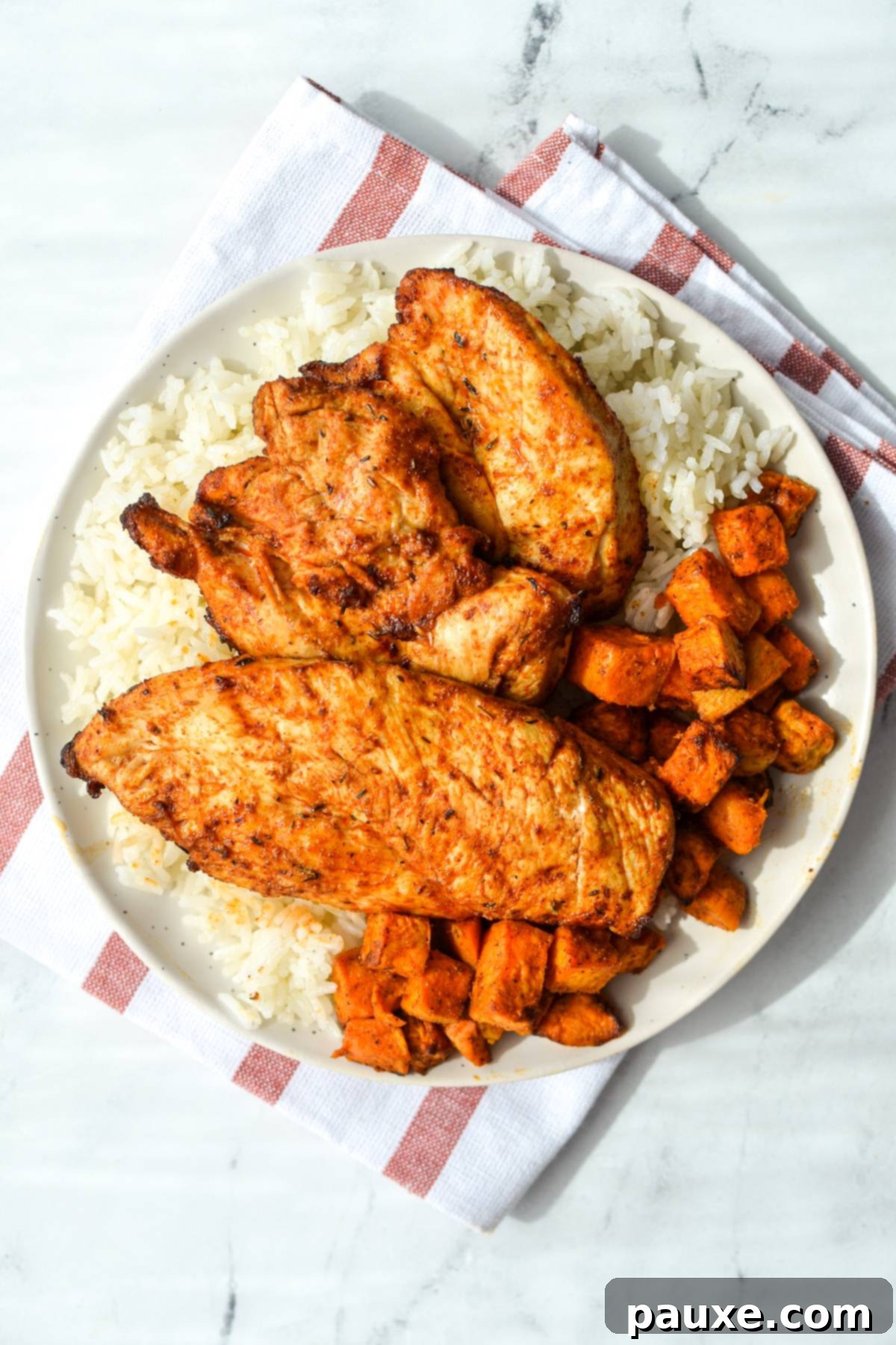 Crispy Air-Fried Blackened Chicken 2 A plate filled with rice, sweet potatoes, and blackened chicken.