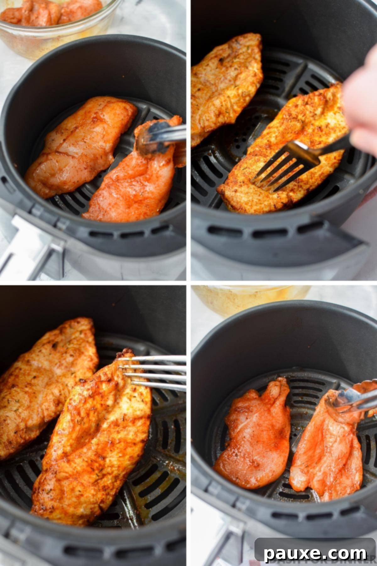 Crispy Air-Fried Blackened Chicken 5 Cooking chicken breasts in an air fryer basket.