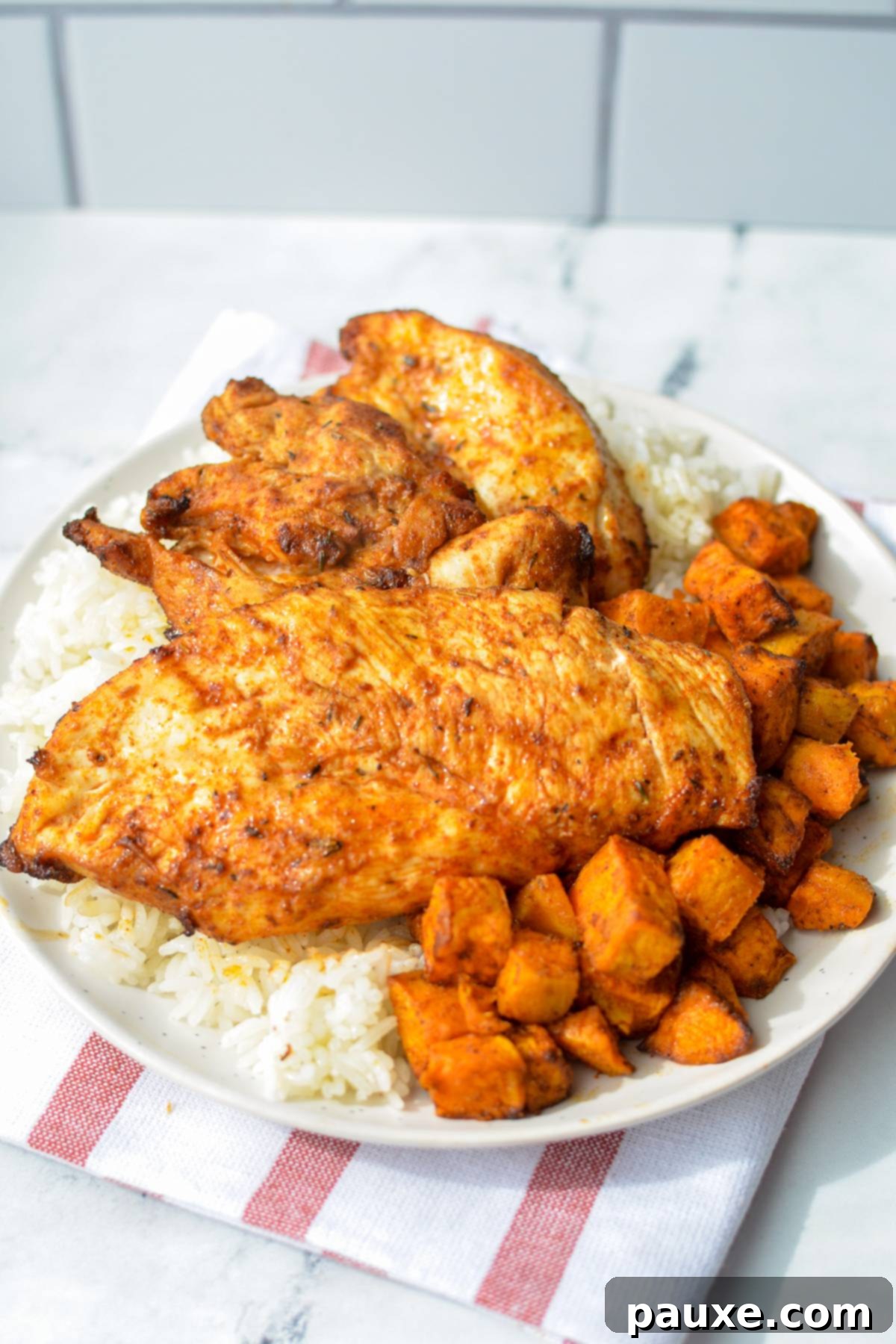 Crispy Air-Fried Blackened Chicken 6 A plate filled with chicken, rice, and sweet potato cubes.