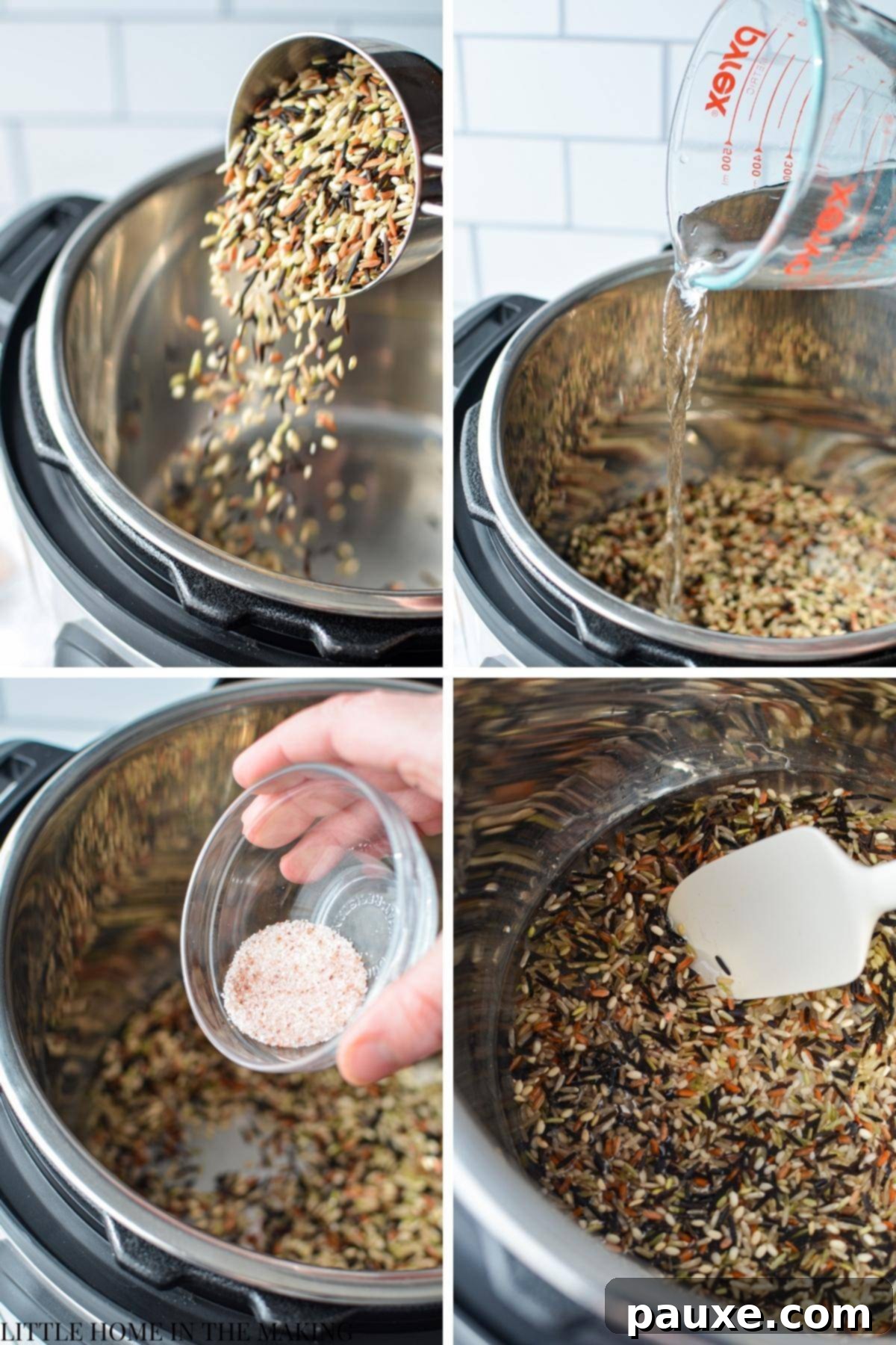 Perfect Instant Pot Wild Rice Medley 4 Adding wild rice, water, and salt to the Instant Pot and stirring the ingredients together.