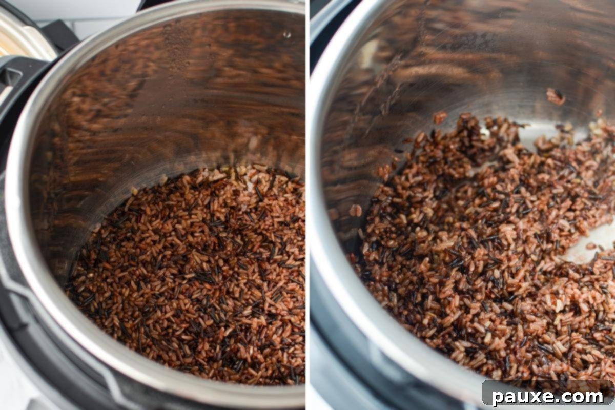 Perfect Instant Pot Wild Rice Medley 5 An Instant Pot with a perfectly cooked wild rice blend, ready to be fluffed.