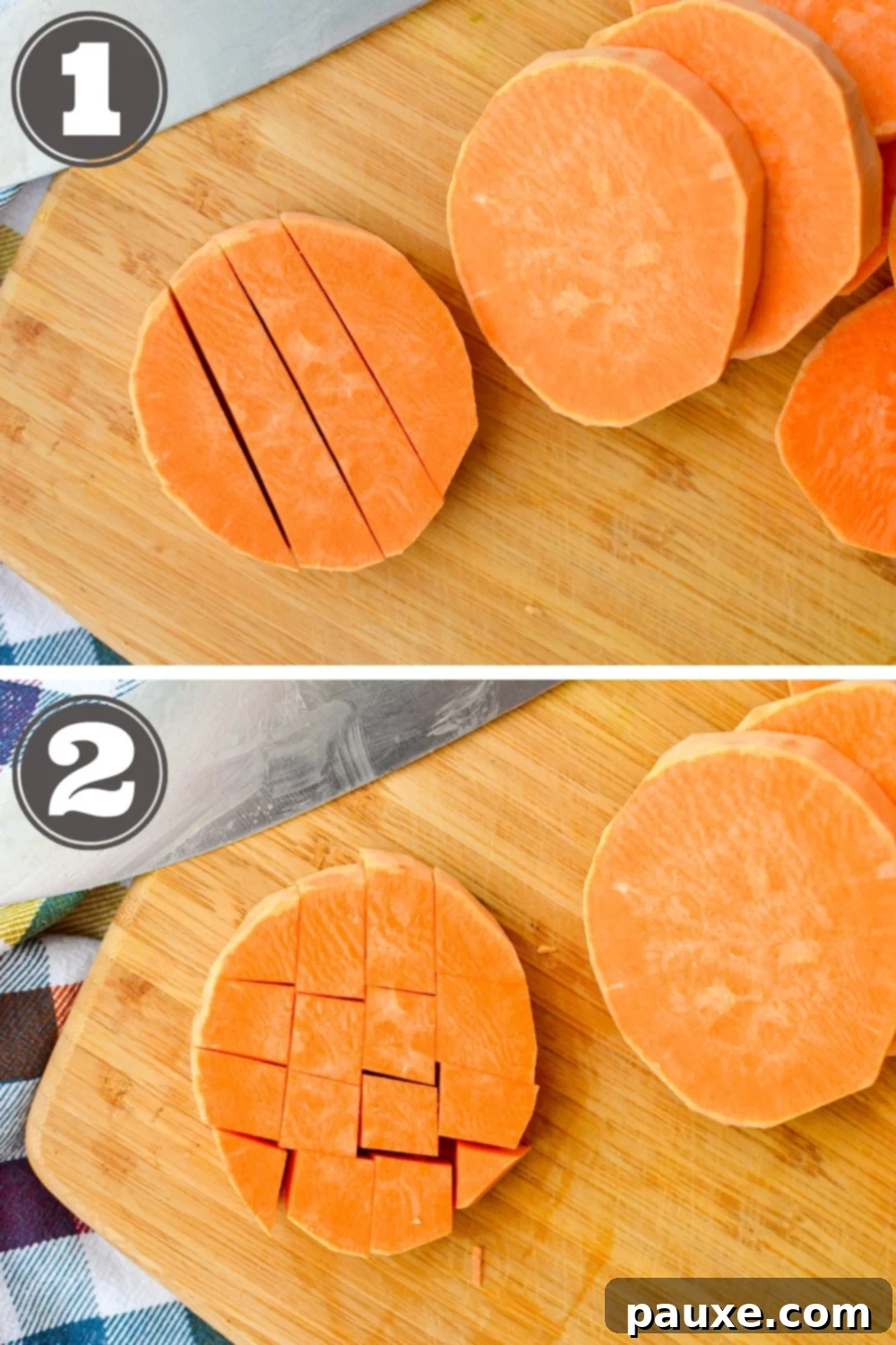Crispy Air Fryer Sweet Potato Cubes 4 A step-by-step image of cutting sweet potato into uniform cubes on a wooden cutting board.