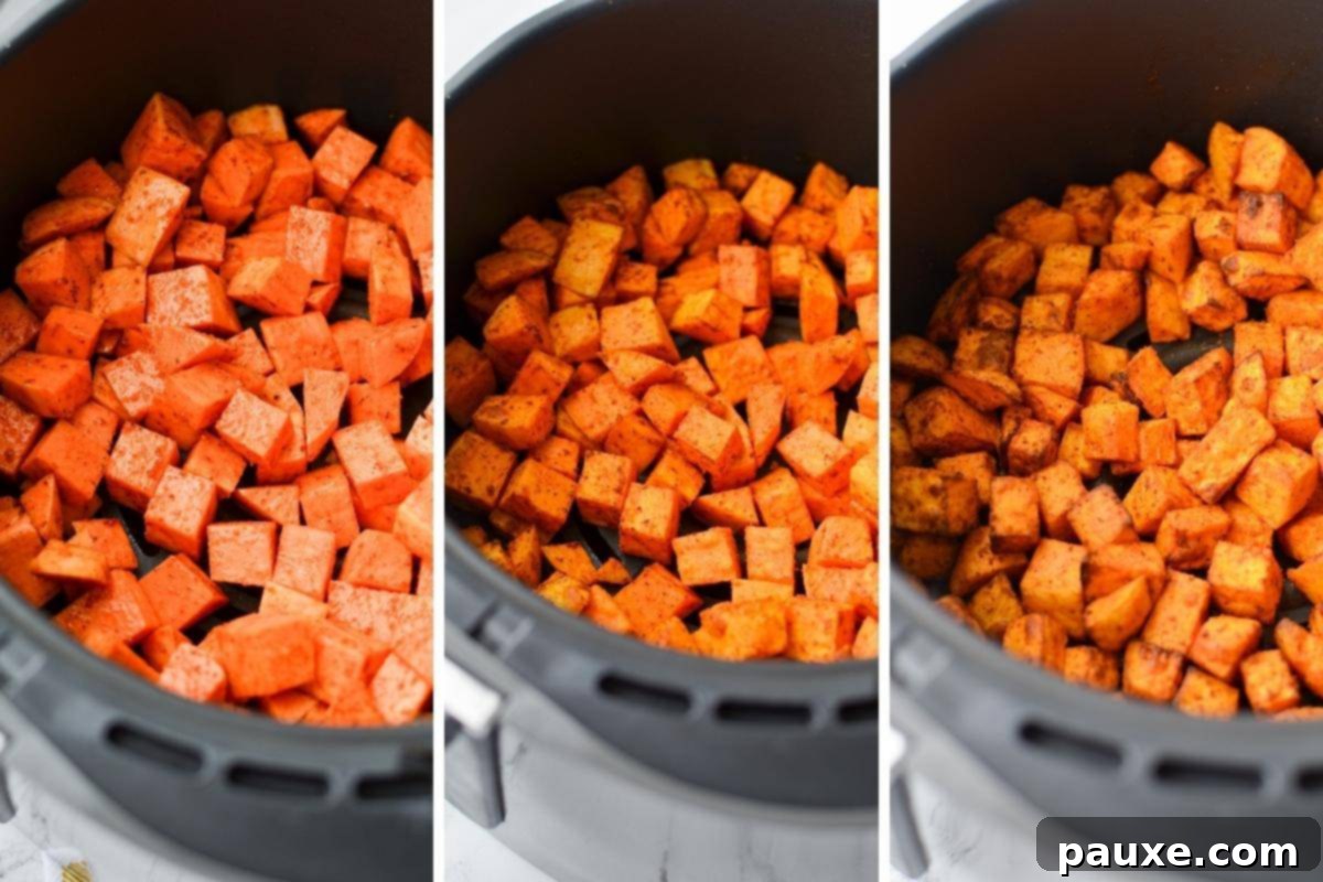Crispy Air Fryer Sweet Potato Cubes 7 An air fryer basket showcasing sweet potato cubes at different stages of cooking: raw, partially cooked, and perfectly golden roasted.