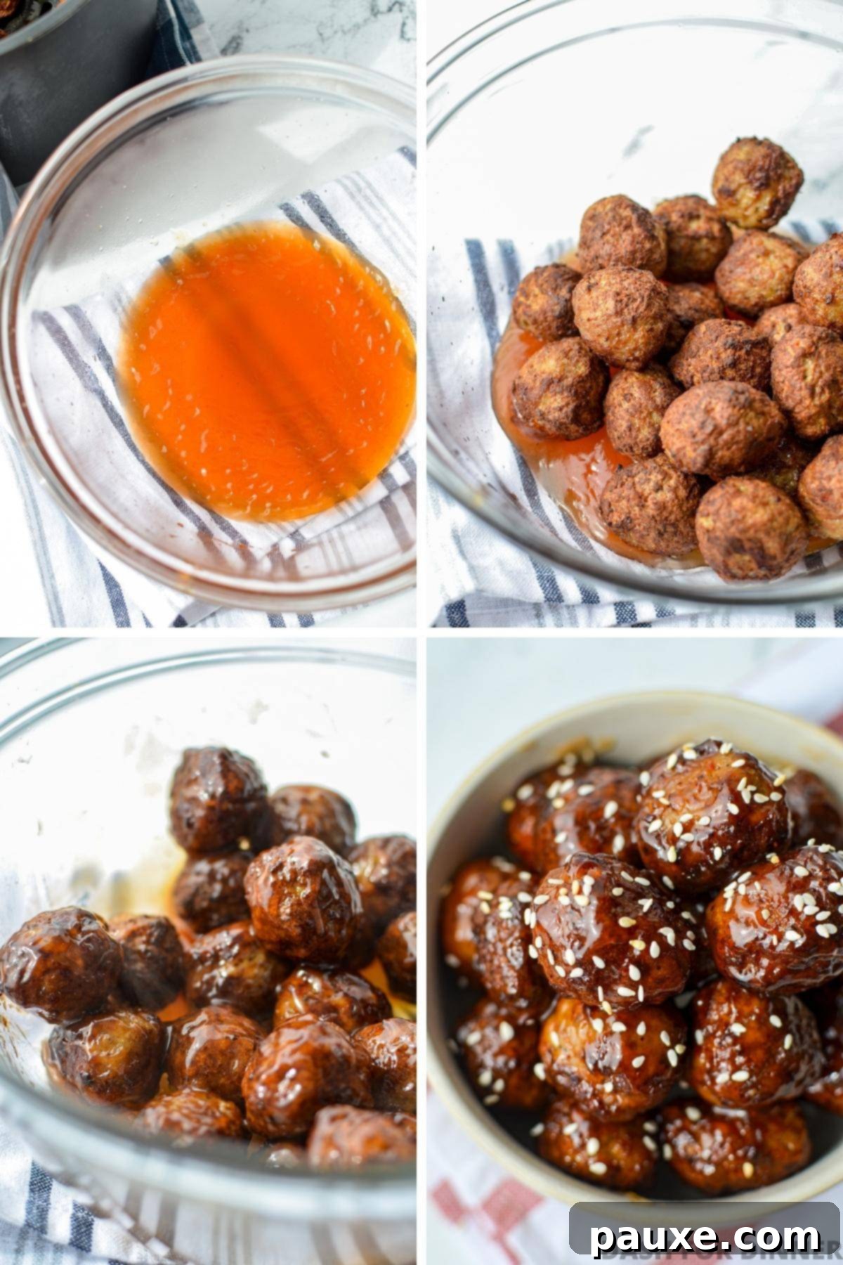 Perfect Air Fryer Frozen Meatballs 6 Adding perfectly cooked air fryer meatballs to a bowl of warm sweet and sour sauce and tossing them to coat thoroughly.