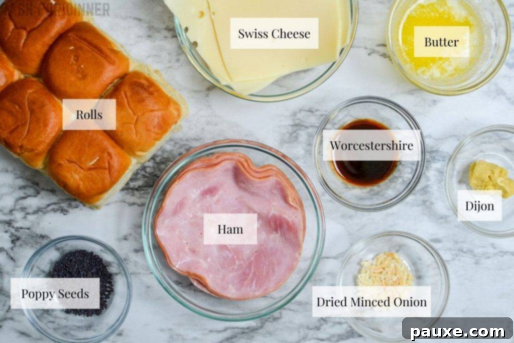 Golden Air Fryer Ham and Cheese Sliders 3 Ingredients for ham and cheese sliders laid out on a cutting board.