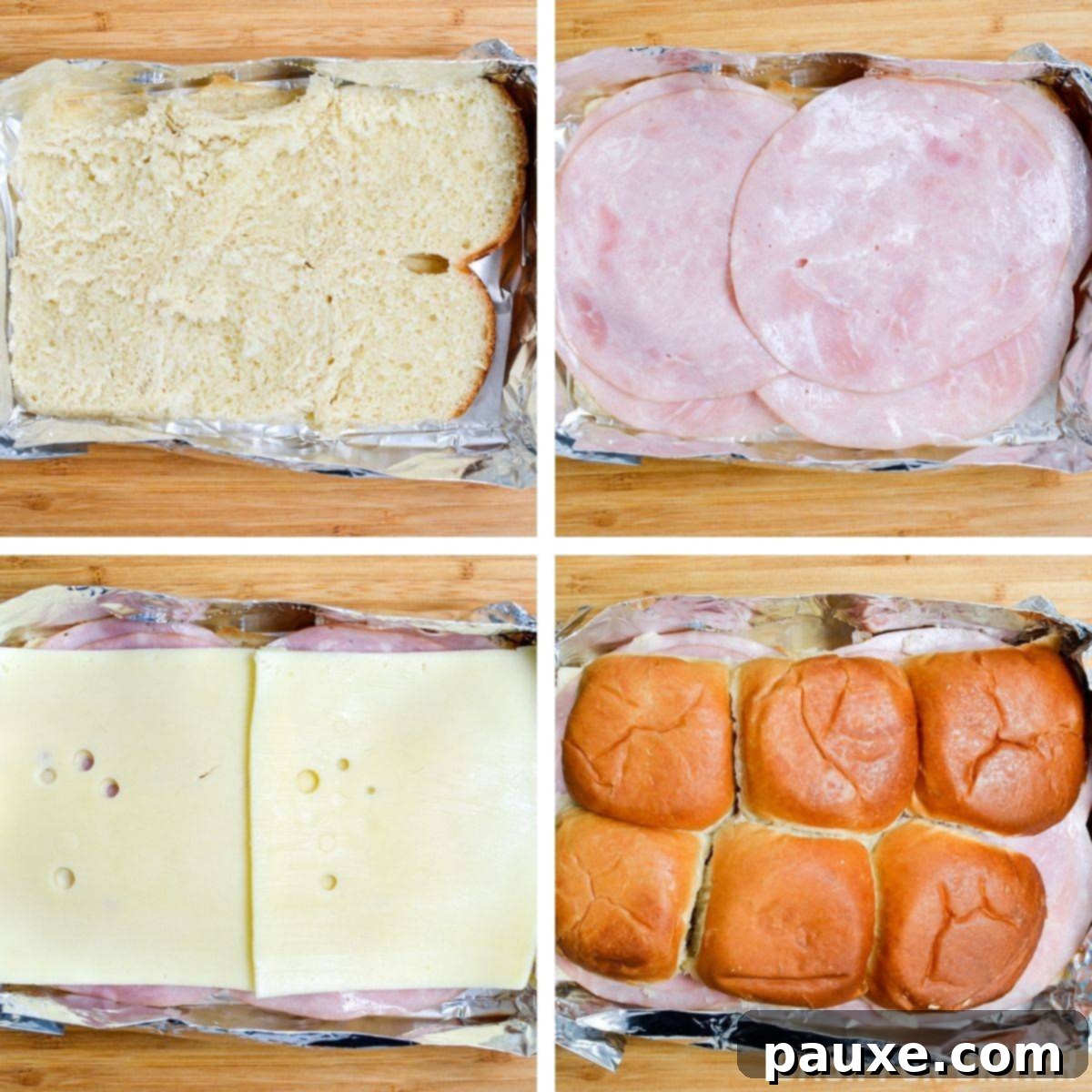 Golden Air Fryer Ham and Cheese Sliders 4 Assembling ham and cheese sliders inside of a foil packet.