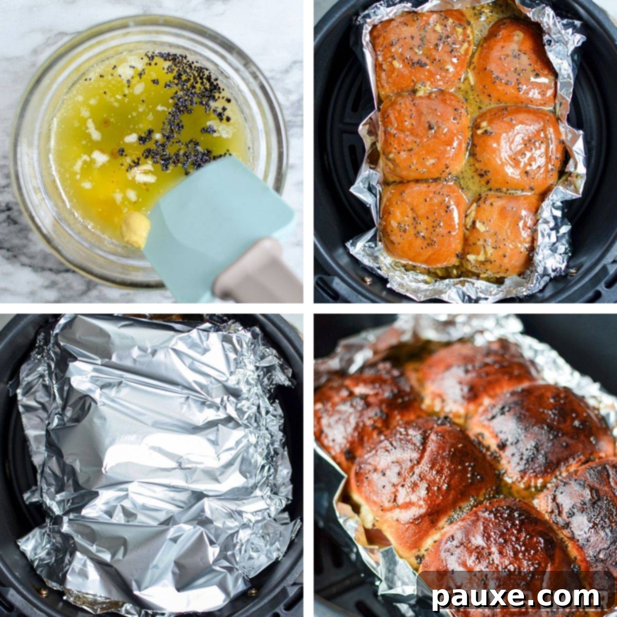 Golden Air Fryer Ham and Cheese Sliders 5 Pouring a homemade sauce on top of air fryer ham and cheese sliders, and then covering with foil and baking.