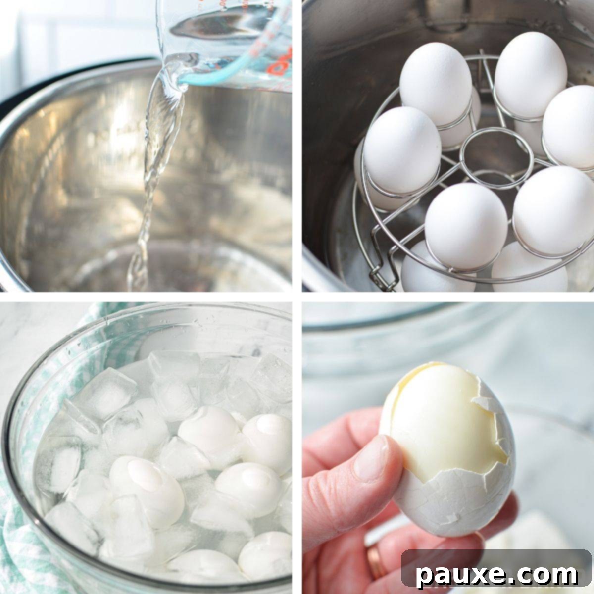 Effortless Instant Pot Deviled Eggs 5 Making hard boiled in the Instant Pot, then soaking in an ice bath and finally peeling them.