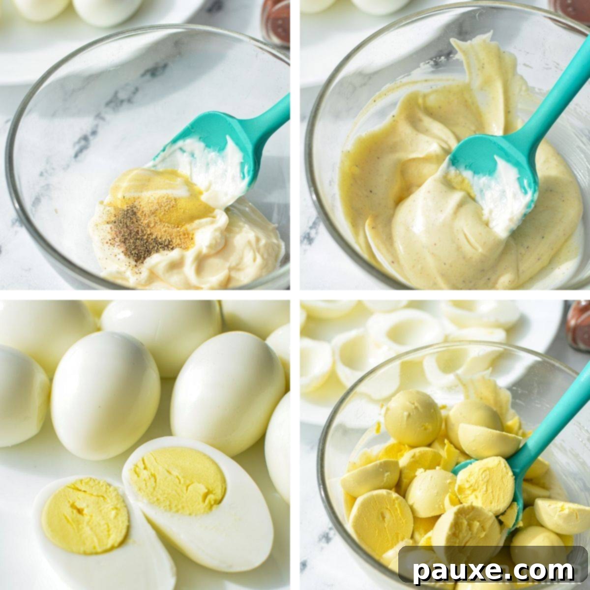Effortless Instant Pot Deviled Eggs 6 Making a filling for deviled eggs with mayonnaise, dijon and seasonings. Then adding the yolks of hard boiled eggs.