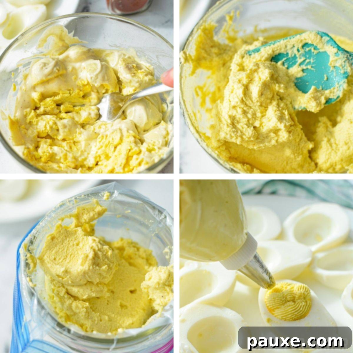 Effortless Instant Pot Deviled Eggs 7 Combining the filling for deviled eggs, and using a piping bag to put the filling inside of the egg white boats.