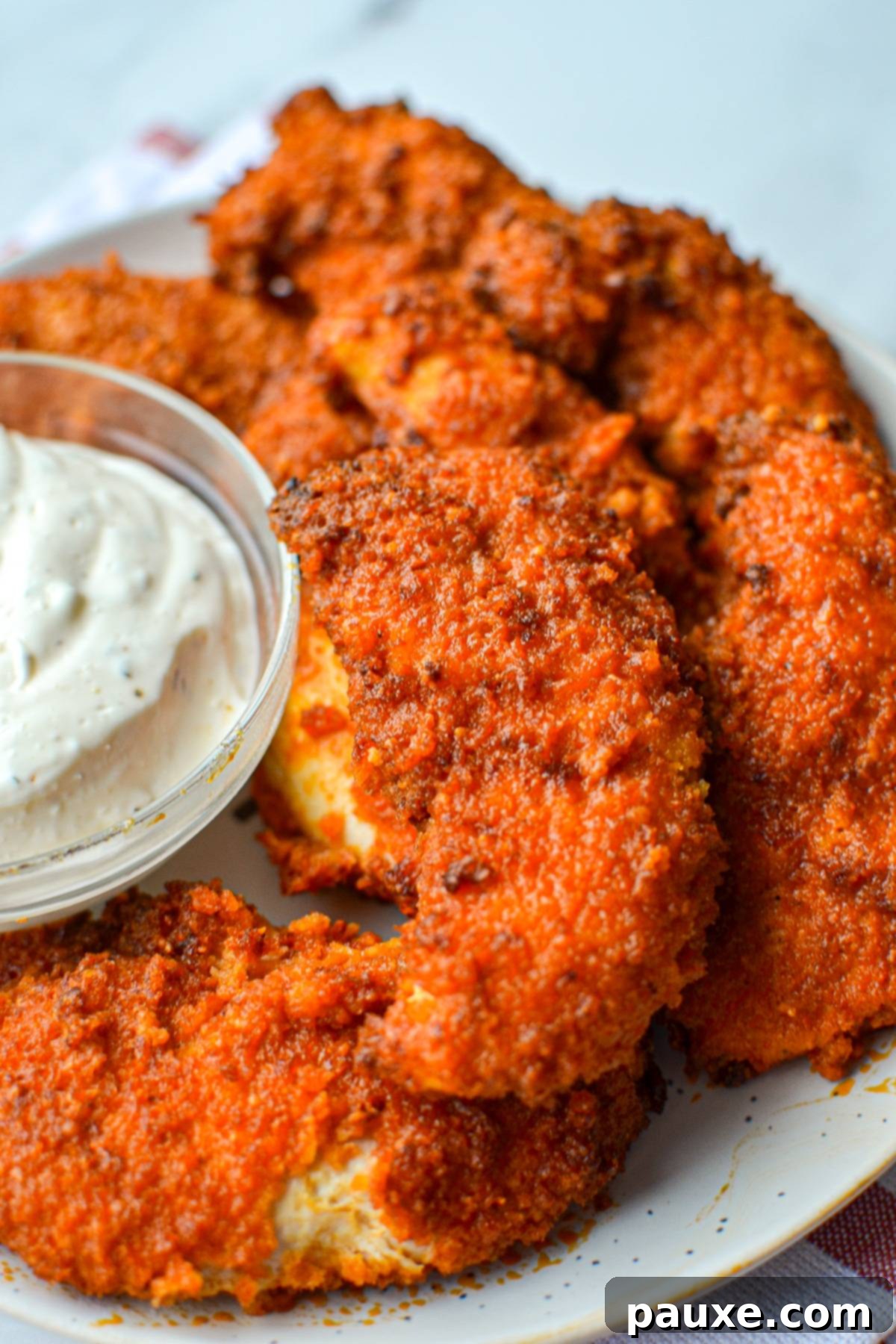 A plate of crispy air fryer buffalo chicken tenders with a side of creamy ranch dipping sauce.