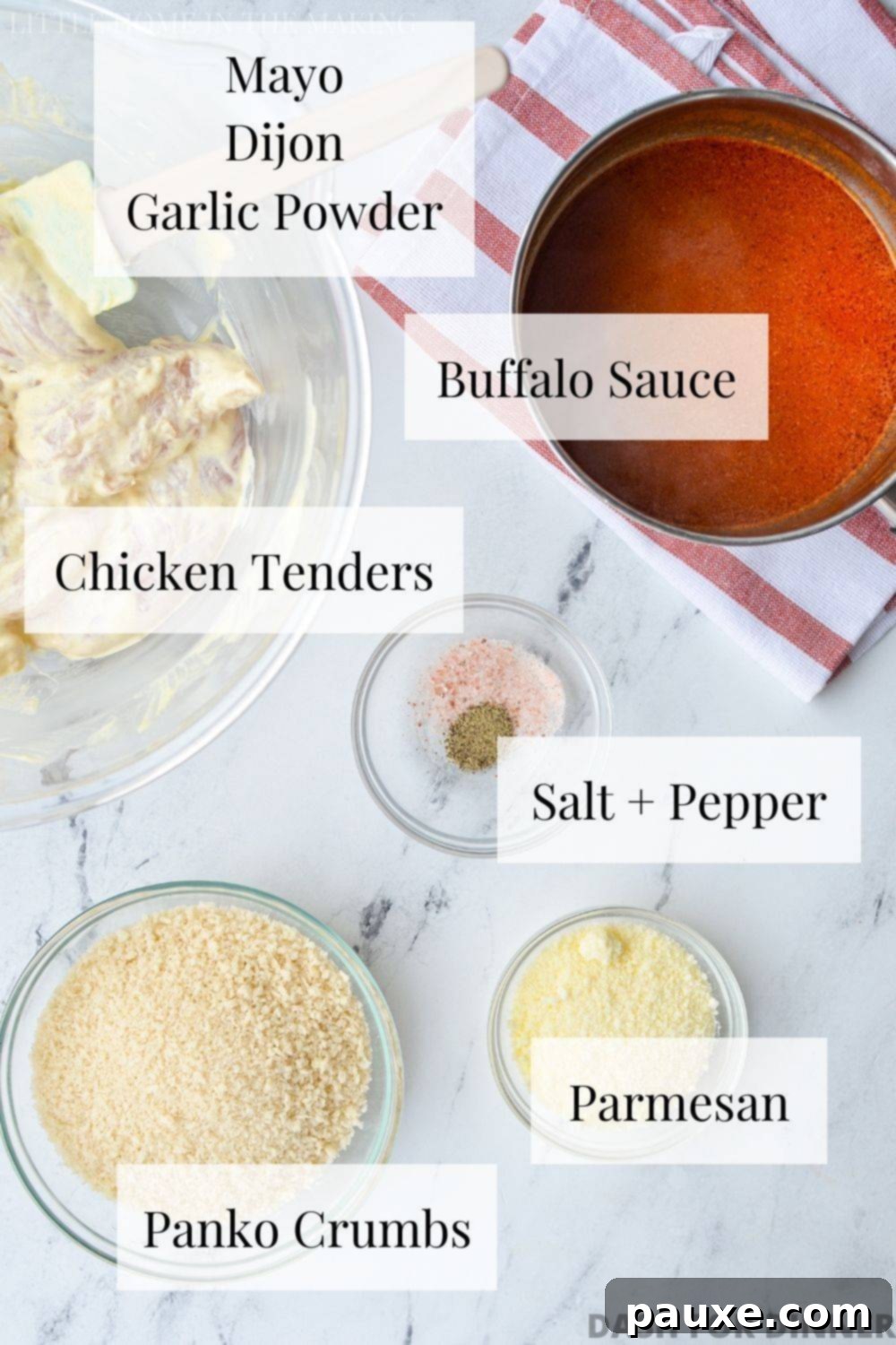 The ingredients needed to make air fryer buffalo chicken tenders laid out on a table.