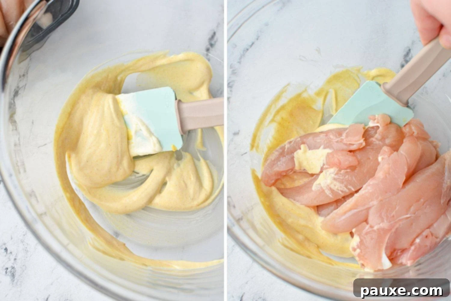 Marinating chicken tenders in a creamy mixture of mayonnaise, dijon mustard, and garlic powder in a bowl.