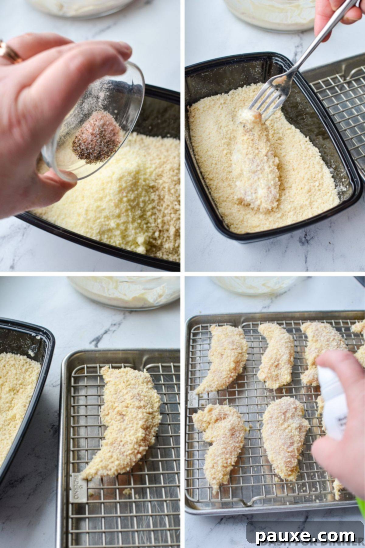Combining breading ingredients and then coating chicken tenders in the mixture.