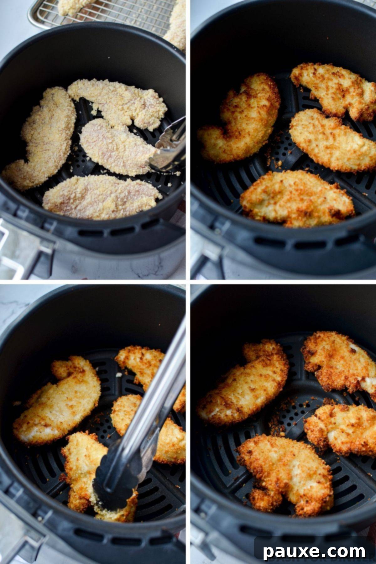 Breaded chicken tenders being placed into an air fryer basket for cooking.