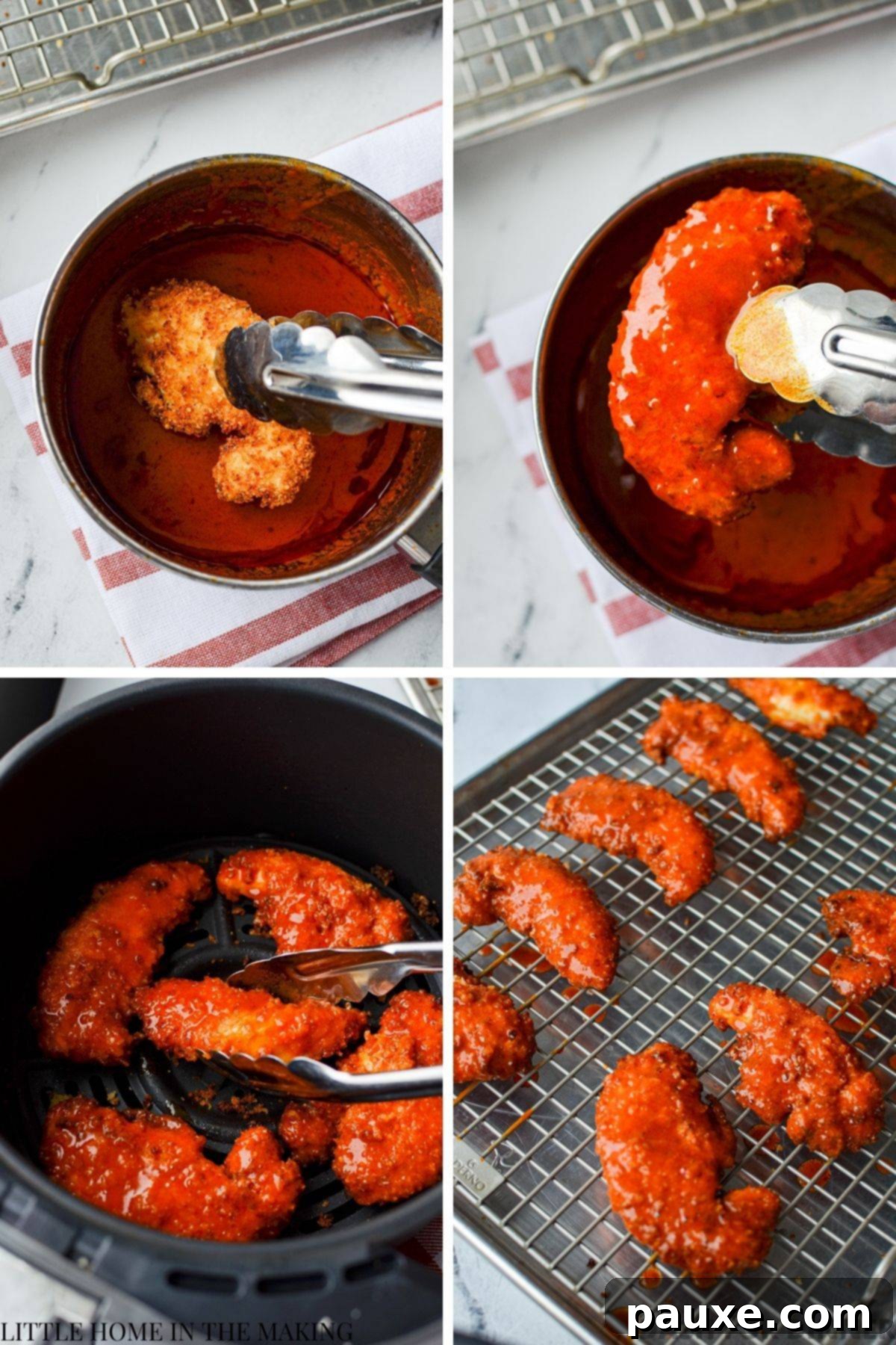 Coating air fried chicken tenders in a rich homemade buffalo sauce.