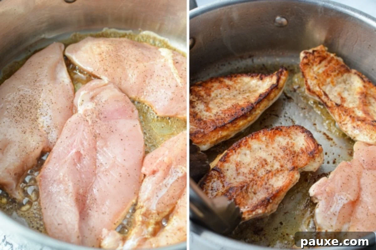 Simple Keto Low Carb Creamy Garlic Chicken Skillet 5 Browning the chicken on both sides in a hot skillet.