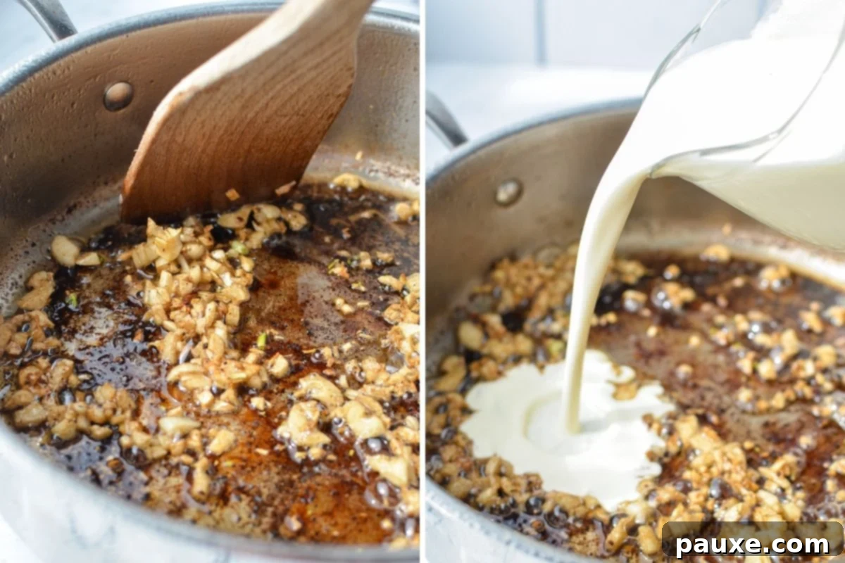 Simple Keto Low Carb Creamy Garlic Chicken Skillet 6 Sauteing garlic and then adding heavy cream to make a sauce.